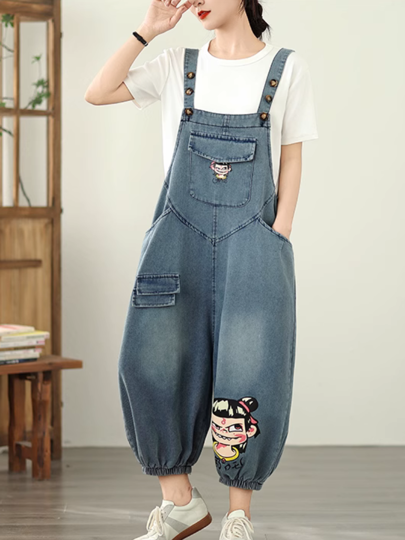 Trendy & Relaxed Cartoon Denim Dungarees for Women - Eva Trends