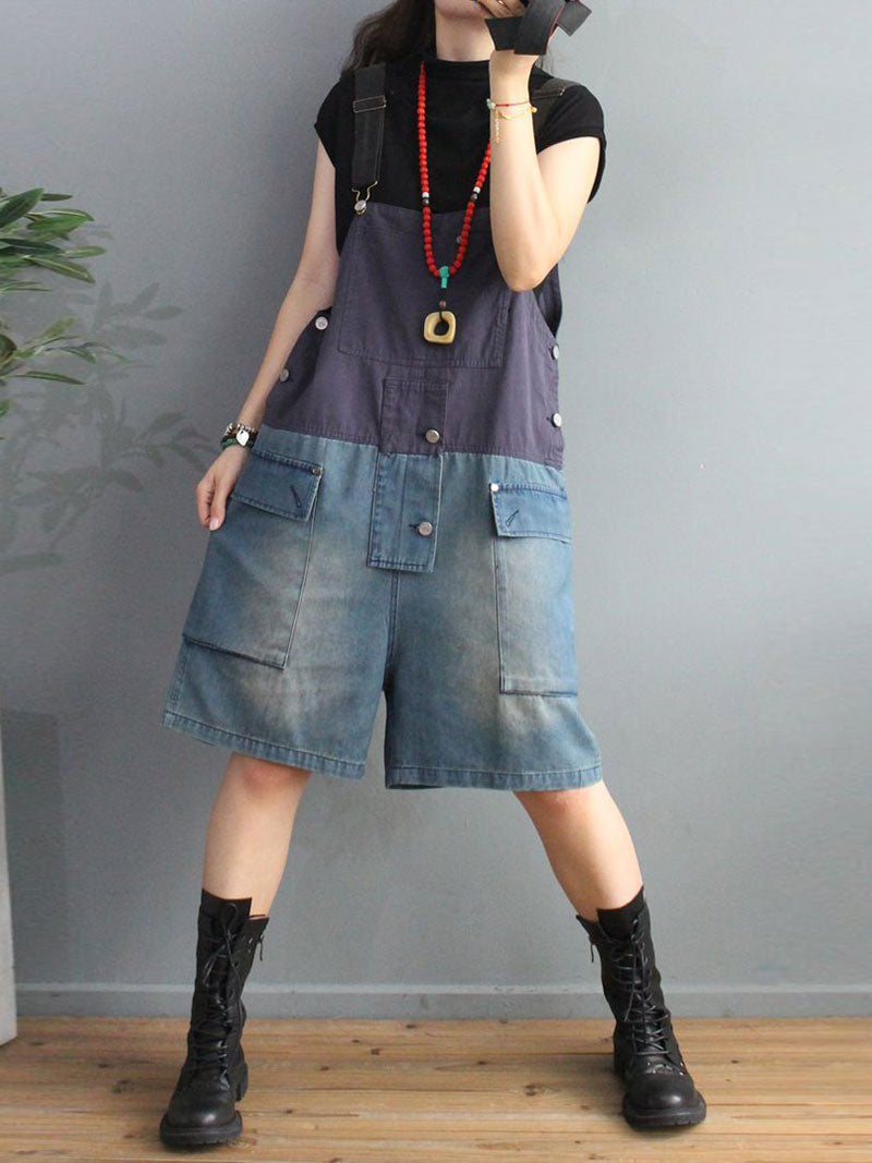 Cargo Pocket Short Dungaress - Color Block Knee-Length Fit