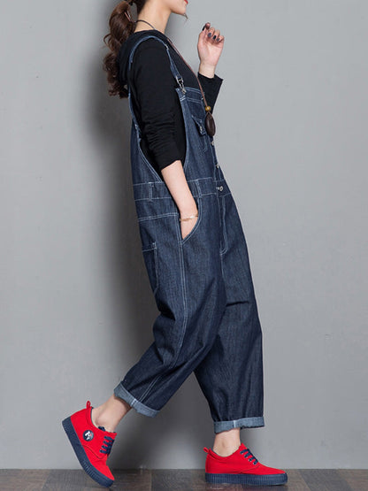 Loose Fit Button Front Denim Dungarees
