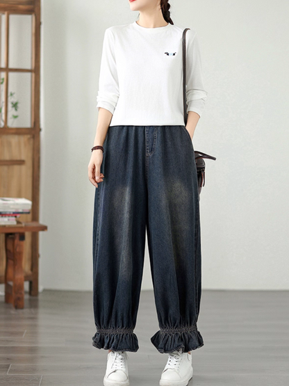 Women’s Classic Summer Denim Casual Loose Pleated Bottom