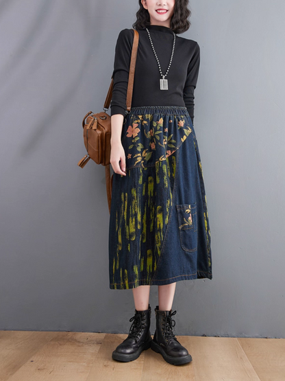 Women's Summer Comfy Printed Patchwork Denim Loose Bottom