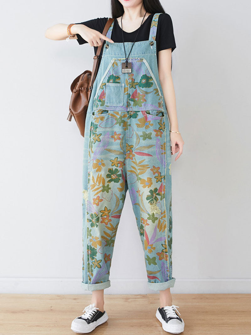 Hand-Painted Botanical Dungarees - Dropped Crotch Tapered Fit