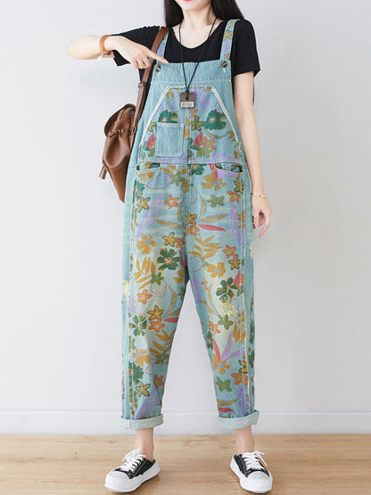 Hand-Painted Botanical Dungarees - Dropped Crotch Tapered Fit