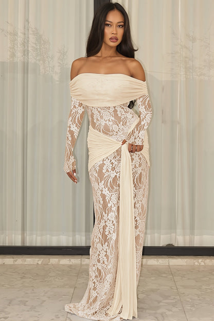 Chic Lace Trim Off Shoulder Long Sleeve Wrap Maxi Dress
