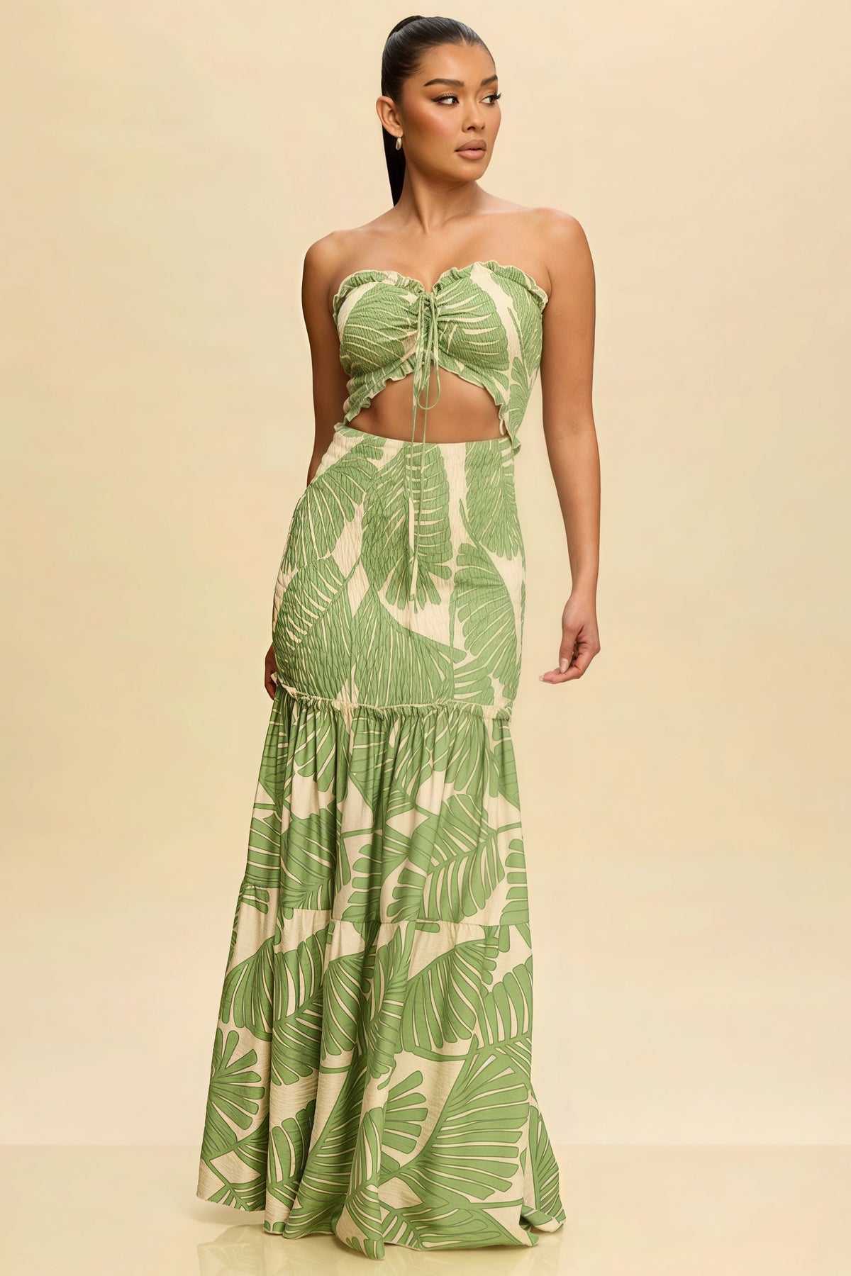 Printed Strapless Cutout Maxi Dress