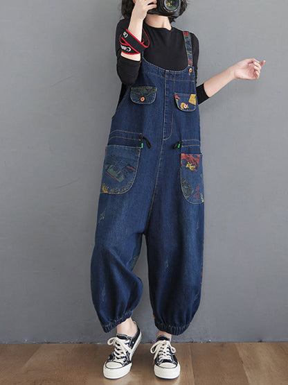 Balloon-Leg Denim Dungarees - Multi-Pocket Patch Print Design