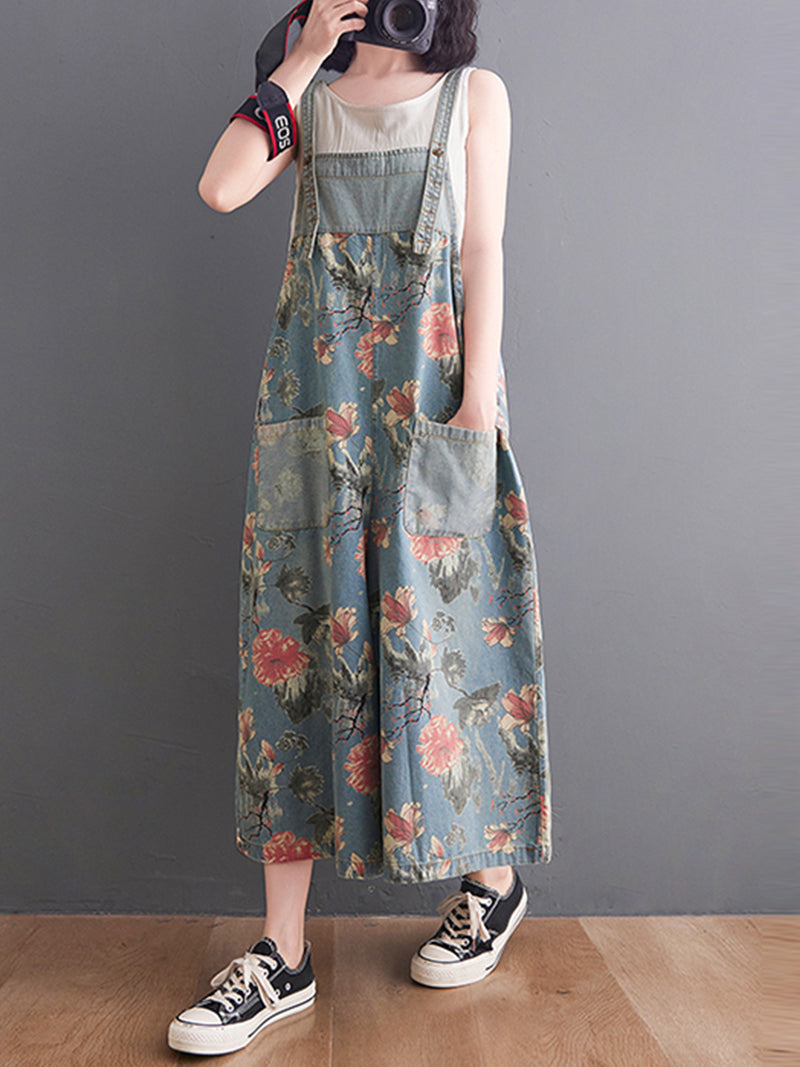 Wide-Leg Floral Denim Jumpsuit - Large Pocket Everyday Fit