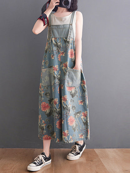 Wide-Leg Floral Denim Jumpsuit - Large Pocket Everyday Fit