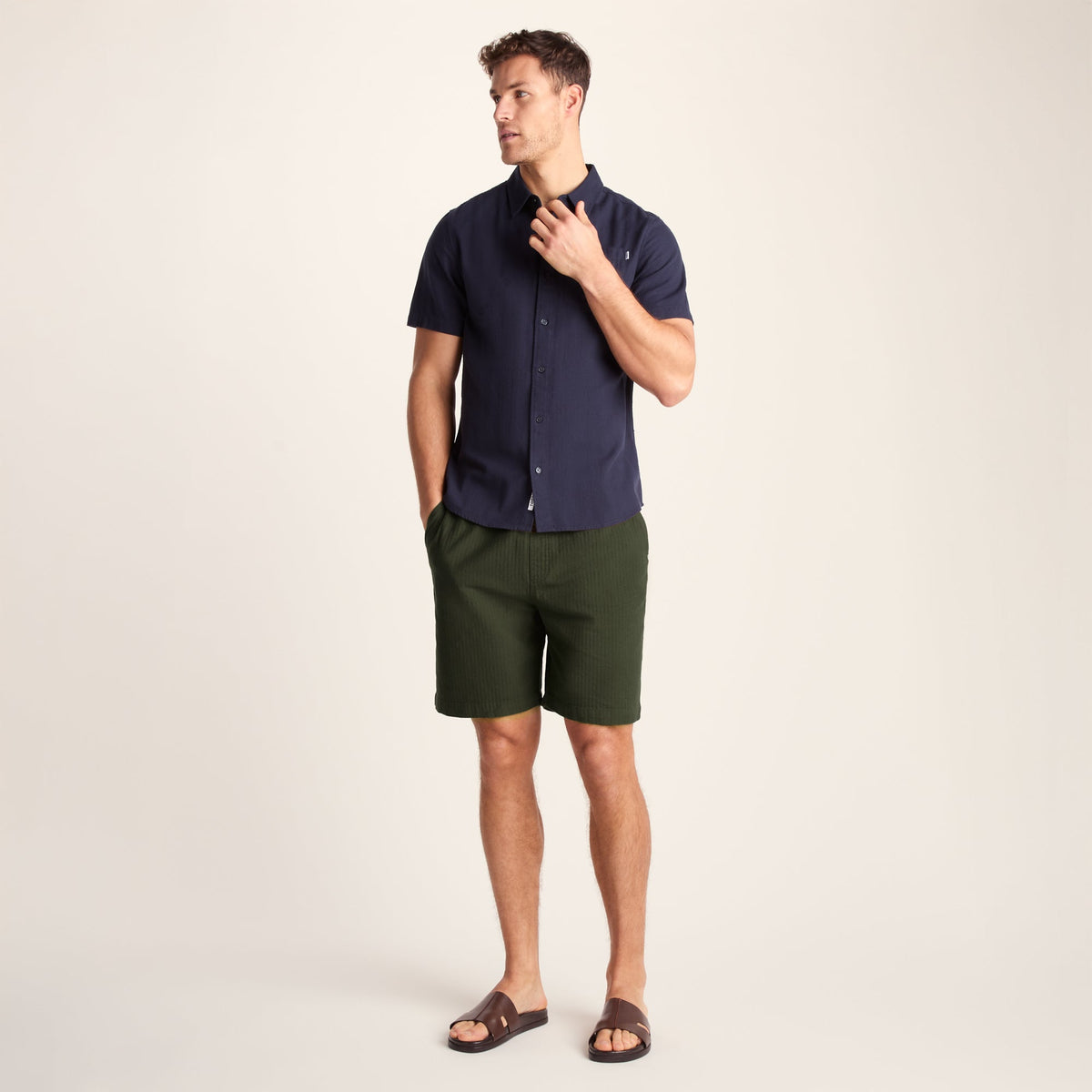 Allento Mens Relaxed Fit Herringbone Fabric Shorts - Dark Olive Green