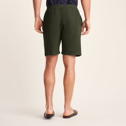 Allento Mens Relaxed Fit Herringbone Fabric Shorts - Dark Olive Green