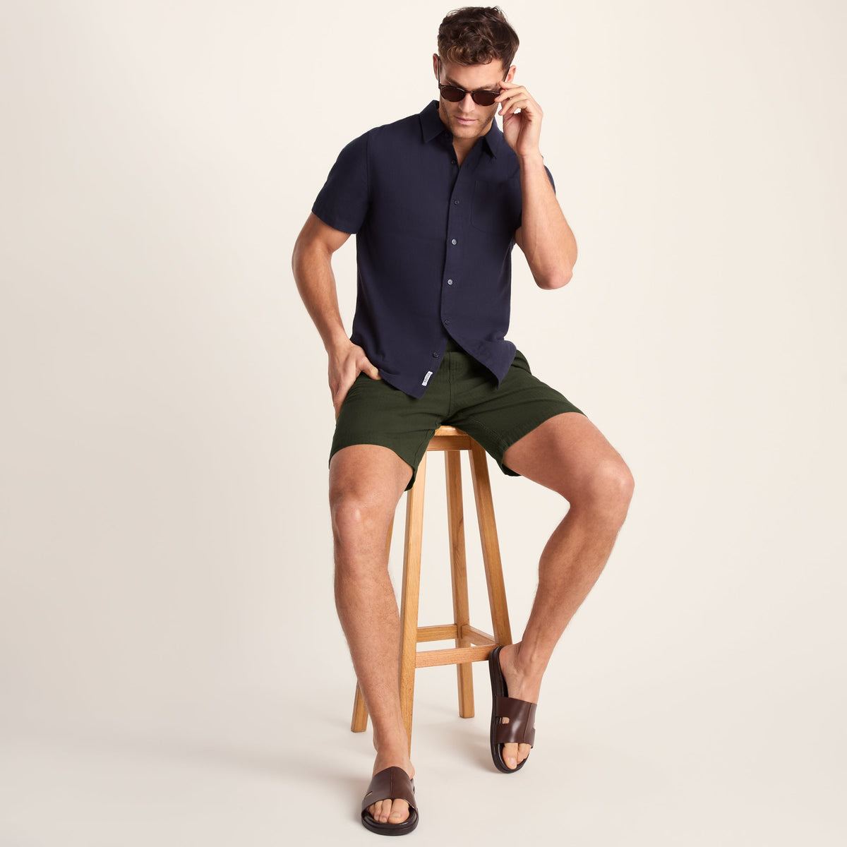 Allento Mens Relaxed Fit Herringbone Fabric Shorts - Dark Olive Green
