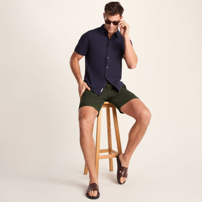 Allento Mens Relaxed Fit Herringbone Fabric Shorts - Dark Olive Green