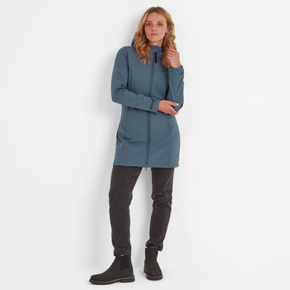 Keld Womens Long Shower Resistant Hooded Softshell Jacket - Blue Stone