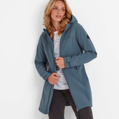 Keld Womens Long Shower Resistant Hooded Softshell Jacket - Blue Stone