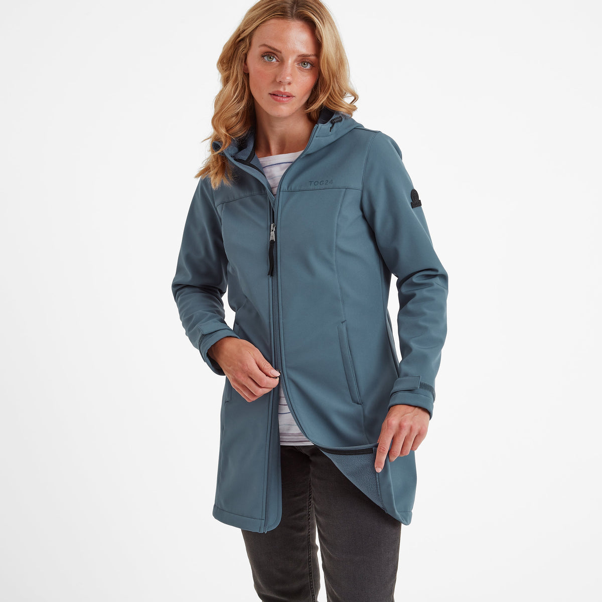 Keld Womens Long Shower Resistant Hooded Softshell Jacket - Blue Stone