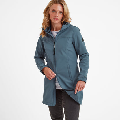 Keld Womens Long Shower Resistant Hooded Softshell Jacket - Blue Stone