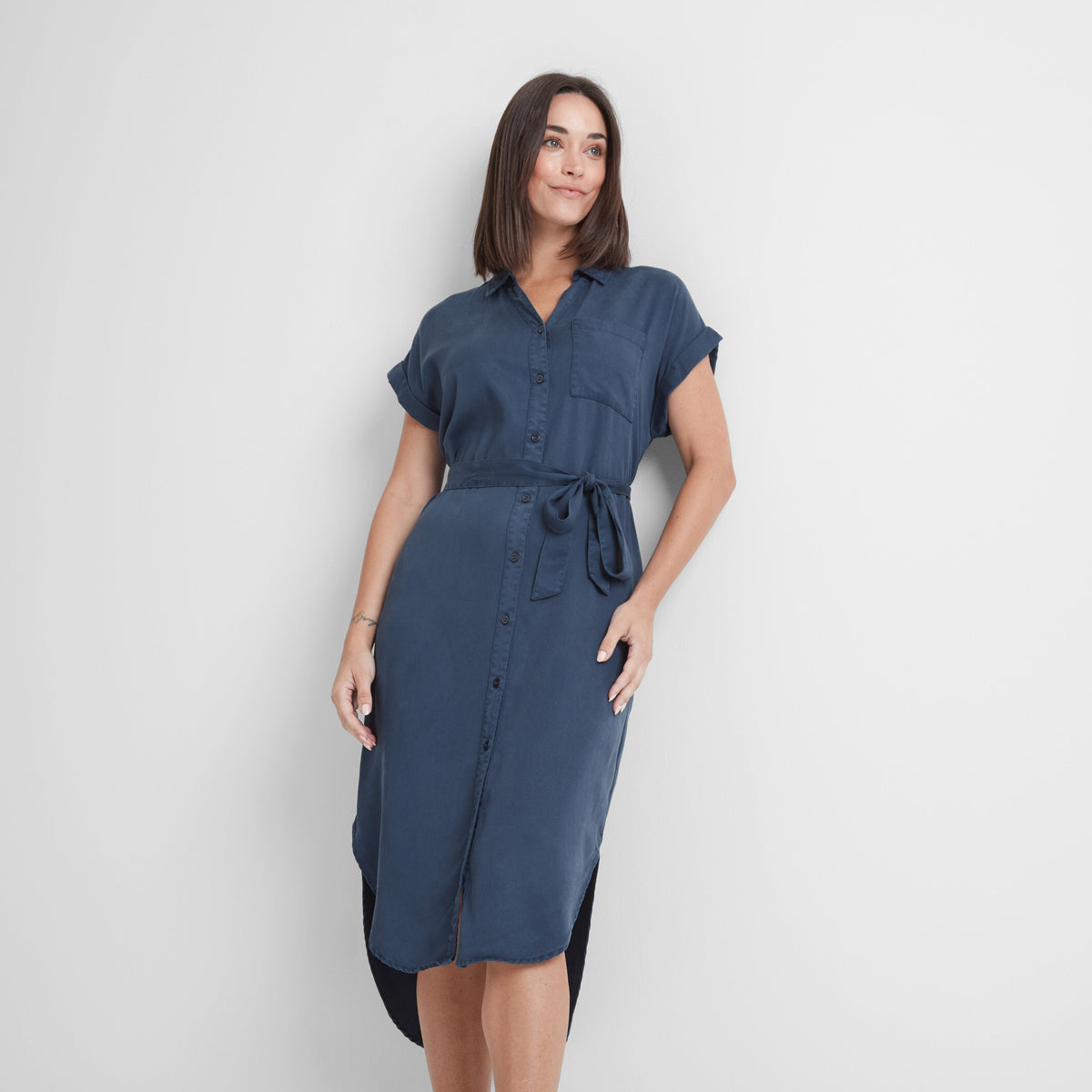 Lenira Womens Relaxed Fit Luxurious Tencel Lyocell Shirt Dress - Dark Denim