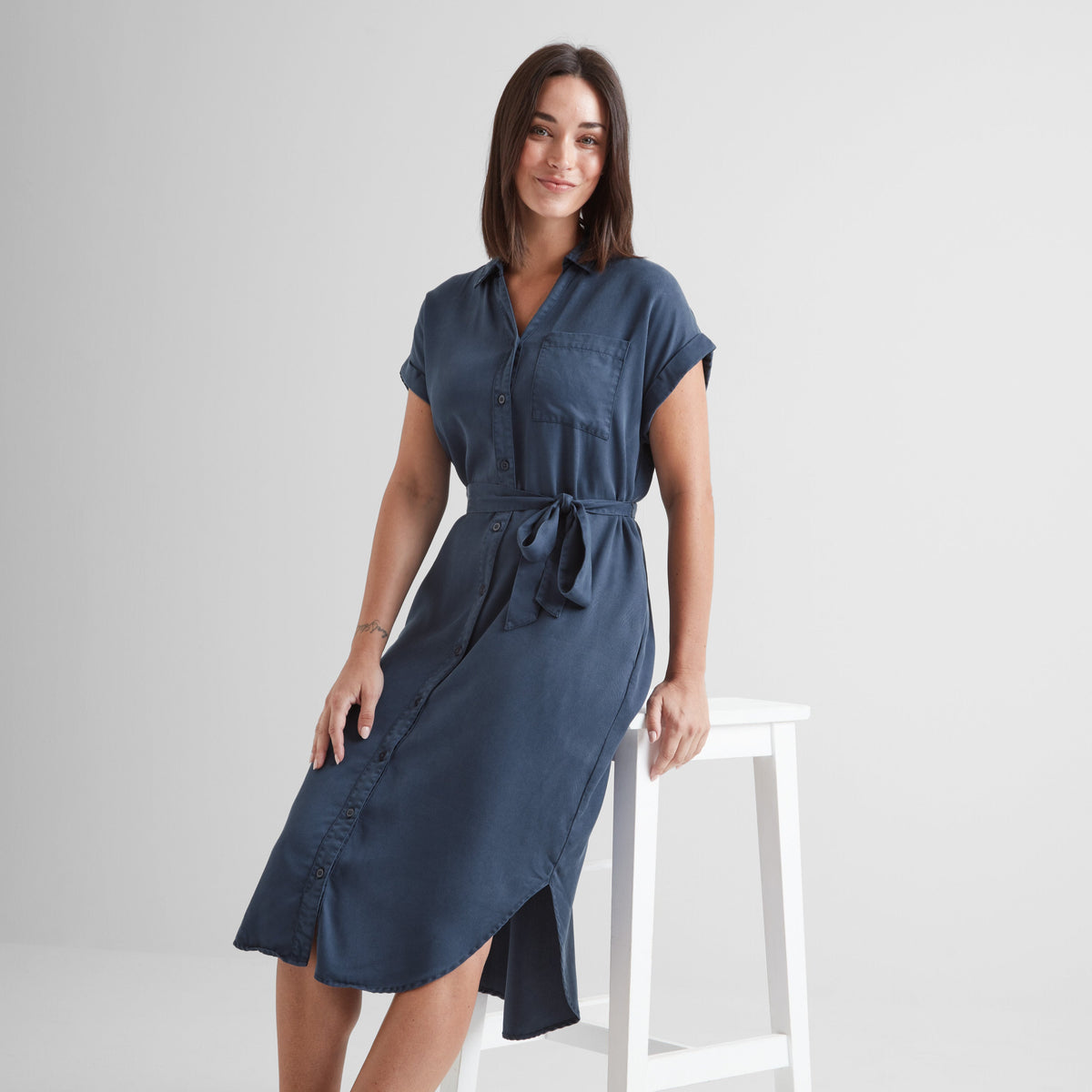 Lenira Womens Relaxed Fit Luxurious Tencel Lyocell Shirt Dress - Dark Denim