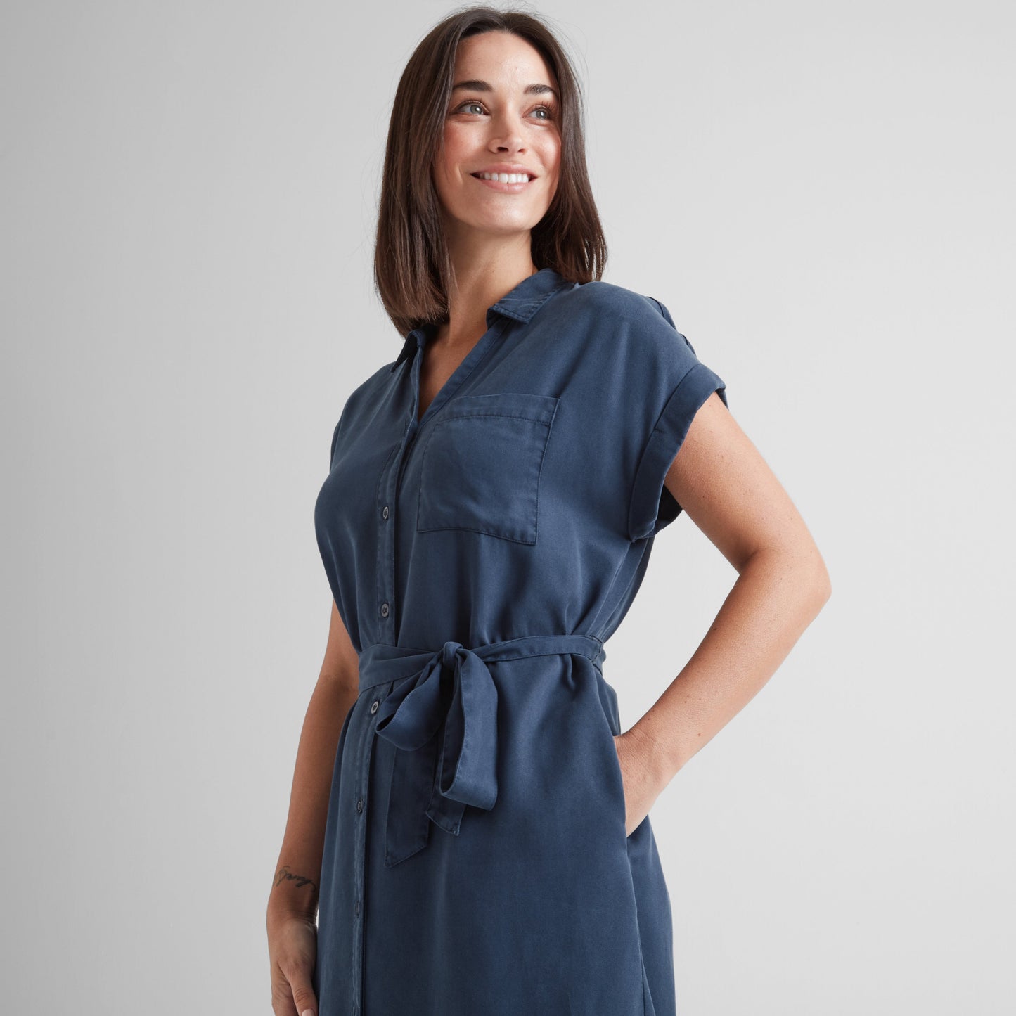 Lenira Womens Relaxed Fit Luxurious Tencel Lyocell Shirt Dress - Dark Denim