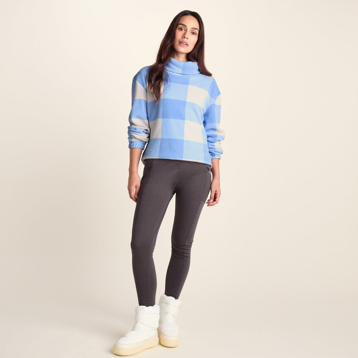 March Womens Relaxed Fit Microfleece Pullover - Powder Blue Gingham