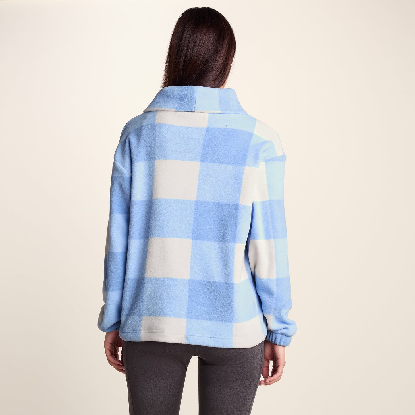 March Womens Relaxed Fit Microfleece Pullover - Powder Blue Gingham