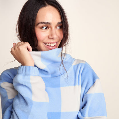 March Womens Relaxed Fit Microfleece Pullover - Powder Blue Gingham