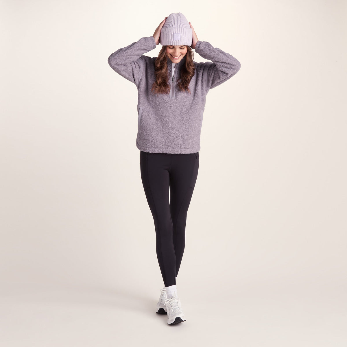 Priya Womens Relaxed Fit Sherpa Fleece Zip Neck - Lavender Grey