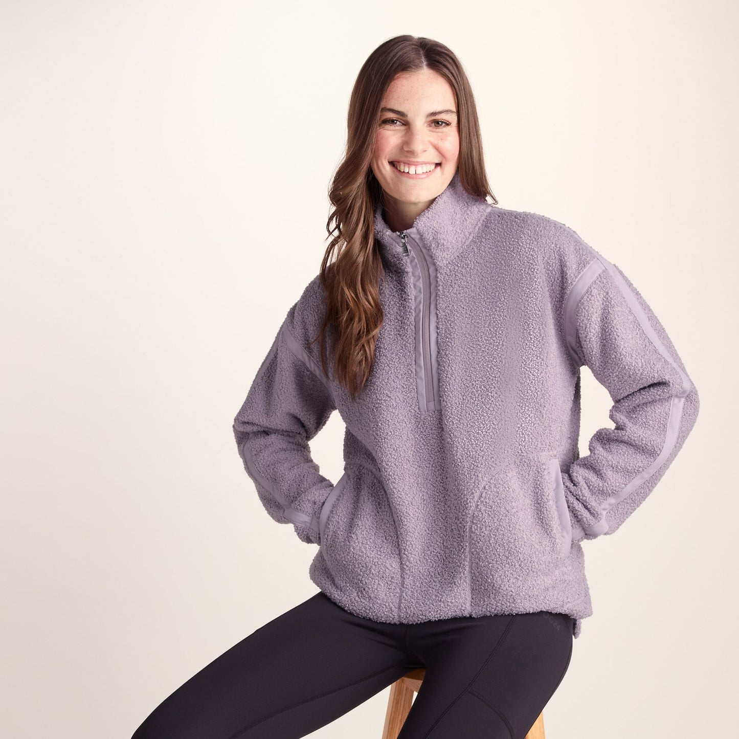 Priya Womens Relaxed Fit Sherpa Fleece Zip Neck - Lavender Grey
