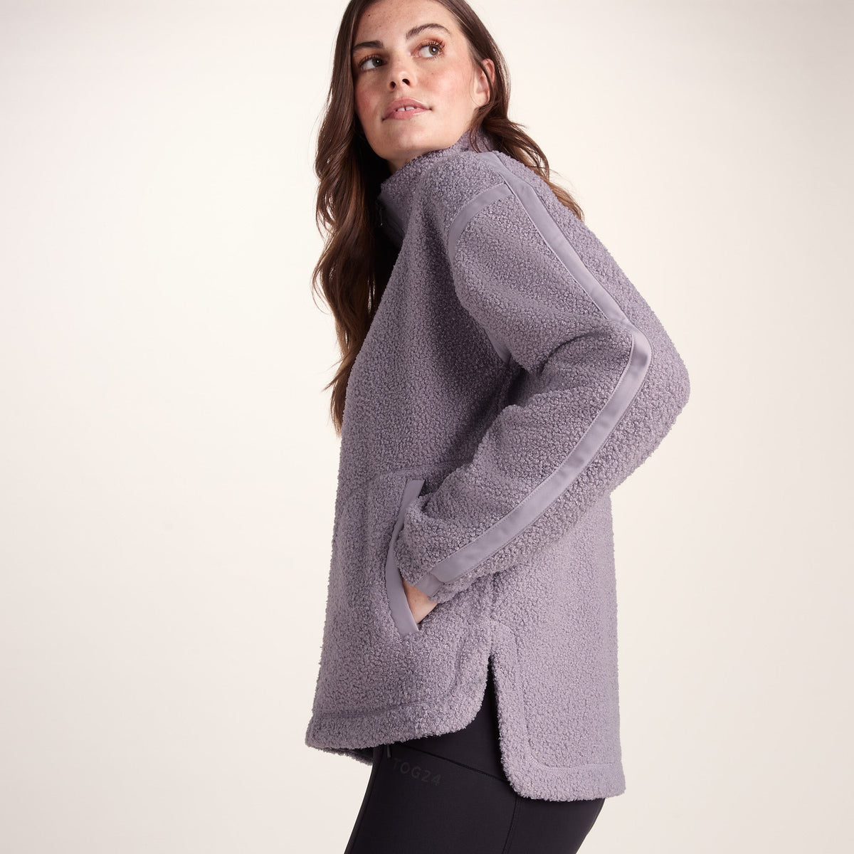 Priya Womens Relaxed Fit Sherpa Fleece Zip Neck - Lavender Grey