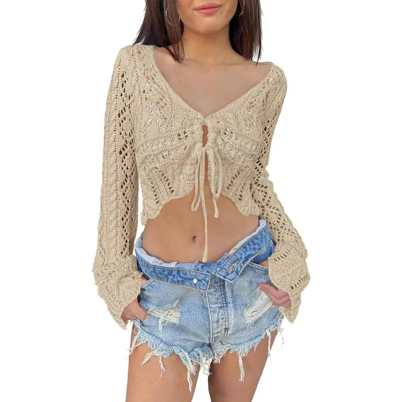 üåº Hollow Out Drawstring Flare Sleeve Cropped Top-Women Minimalist Knit Sweaterü™°