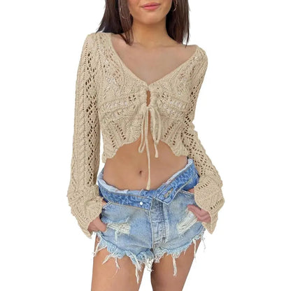 üåº Hollow Out Drawstring Flare Sleeve Cropped Top-Women Minimalist Knit Sweaterü™°