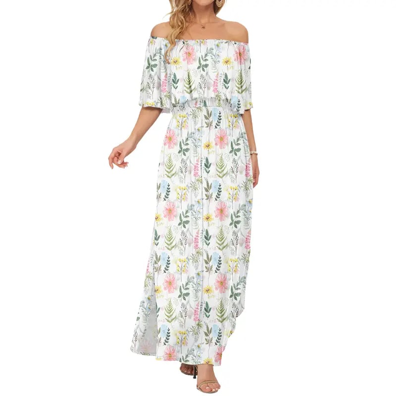 Women's Off The Shoulder Dress Wedding Guest Dress Summer Casual Long Ruffle Party Side Split Beach Maxi Dresses with Pockets