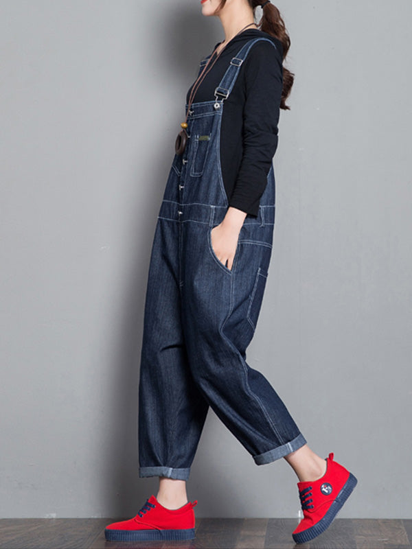Loose Fit Button Front Denim Dungarees