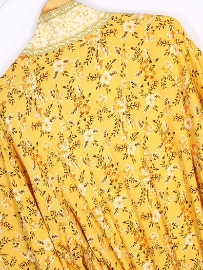 Bridal Party Wear Floral Print Yellow Color Cotton Long Length Gown Robe Kimono