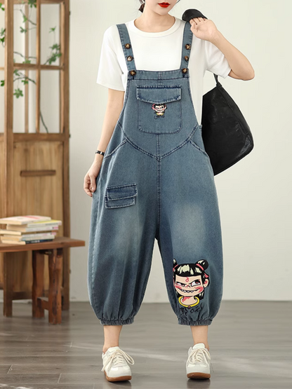 Trendy & Relaxed Cartoon Denim Dungarees for Women - Eva Trends