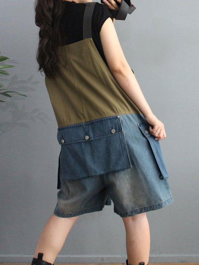 Cargo Pocket Short Dungaress - Color Block Knee-Length Fit