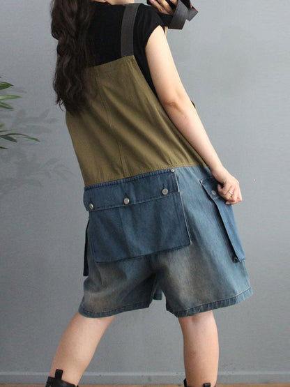 Cargo Pocket Short Dungaress - Color Block Knee-Length Fit