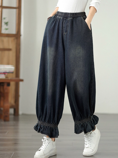 Women’s Classic Summer Denim Casual Loose Pleated Bottom
