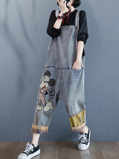 Cartoon Patch Denim Dungaree - Light Wash Relaxed Fit