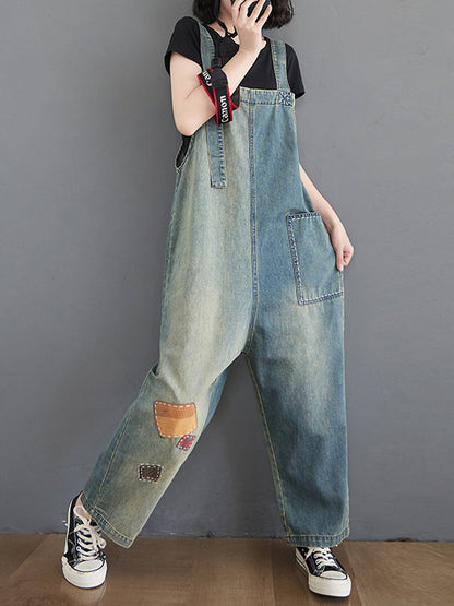 Vintage Wash Denim Dungarees - Artisan Patch Detail