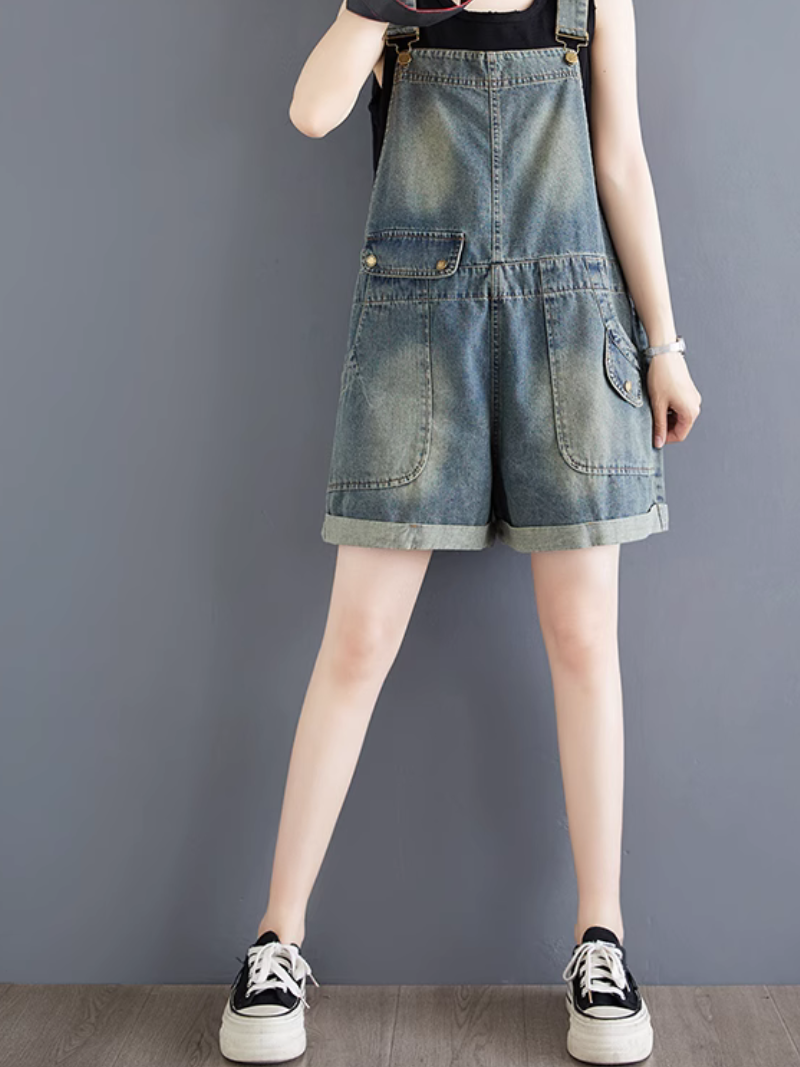 Trendy Women's High-Waist Baggy Denim Overalls Shorts | Eva Trends