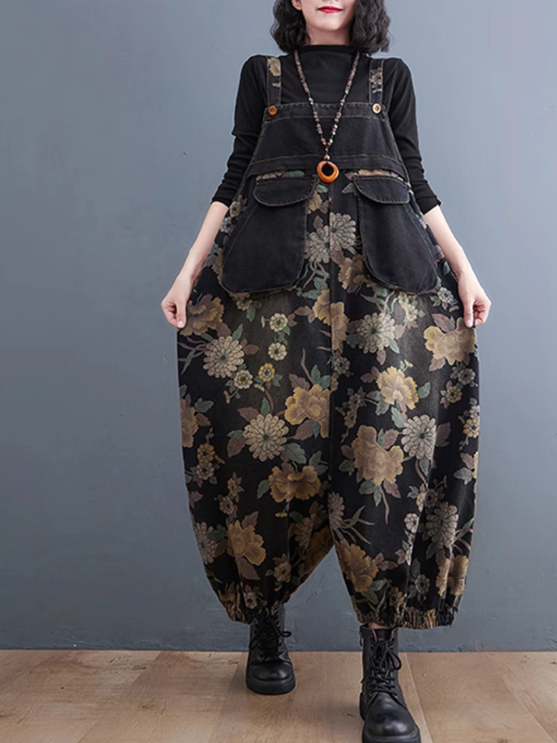 Casual Black Floral Print Women's Overalls with Side Pockets
