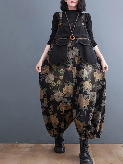 Casual Black Floral Print Women's Overalls with Side Pockets