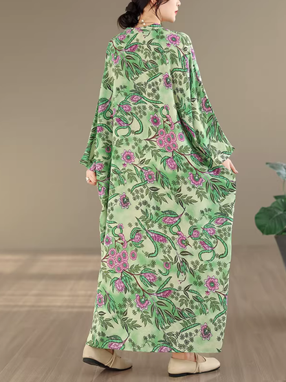 Botanical Print Maxi Kaftan Dress in Airy Artificial Cotton Elegance