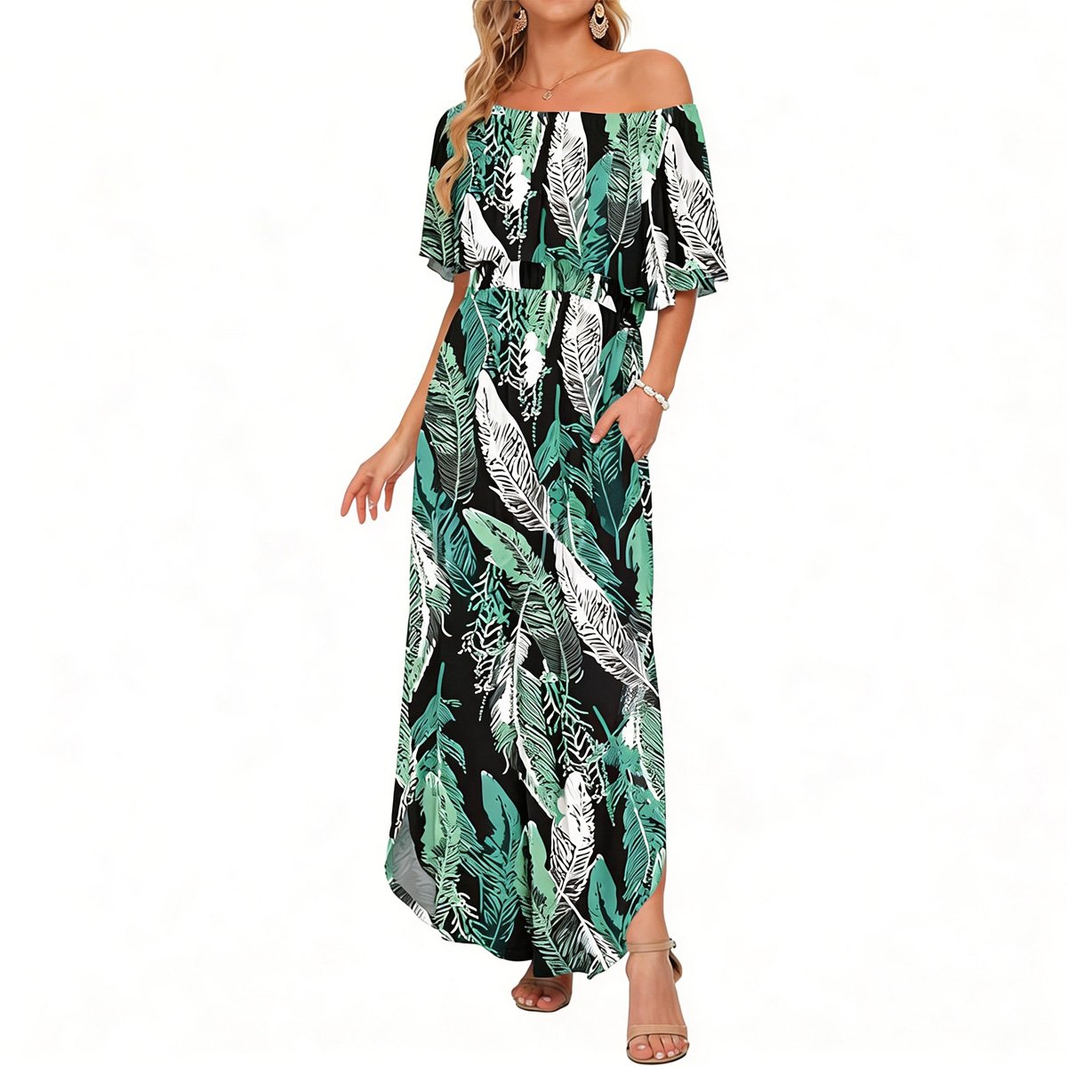 Women's Off The Shoulder Dress Wedding Guest Dress Summer Casual Long Ruffle Party Side Split Beach Maxi Dresses with Pockets