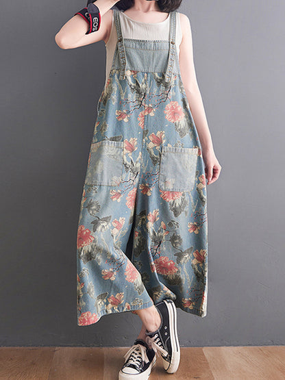 Wide-Leg Floral Denim Jumpsuit - Large Pocket Everyday Fit