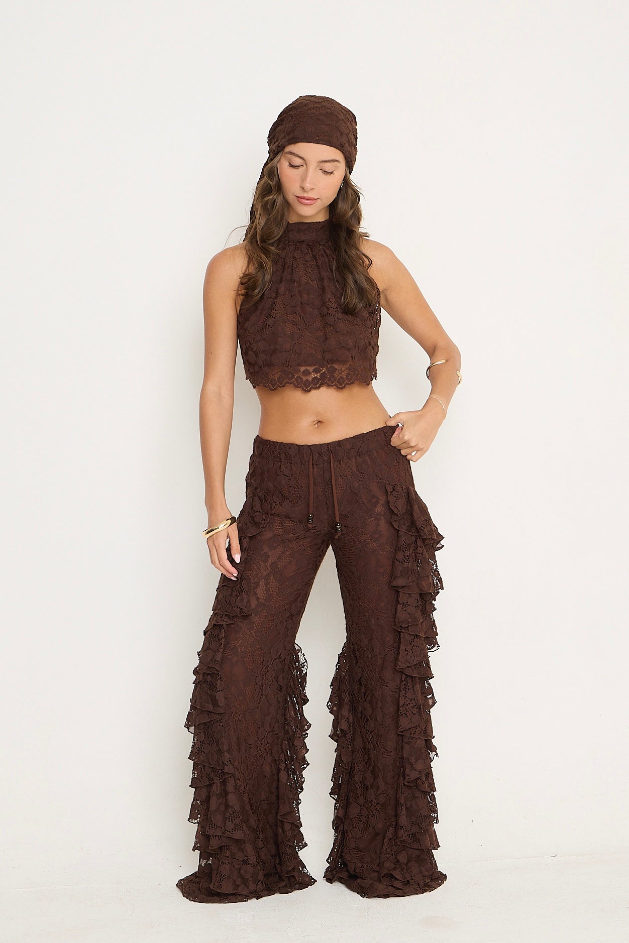 Sydney Lace Ruffle Trousers | Brown