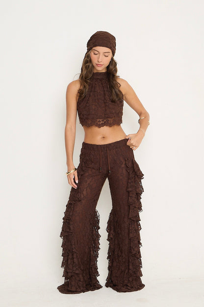 Sydney Lace Ruffle Trousers | Brown