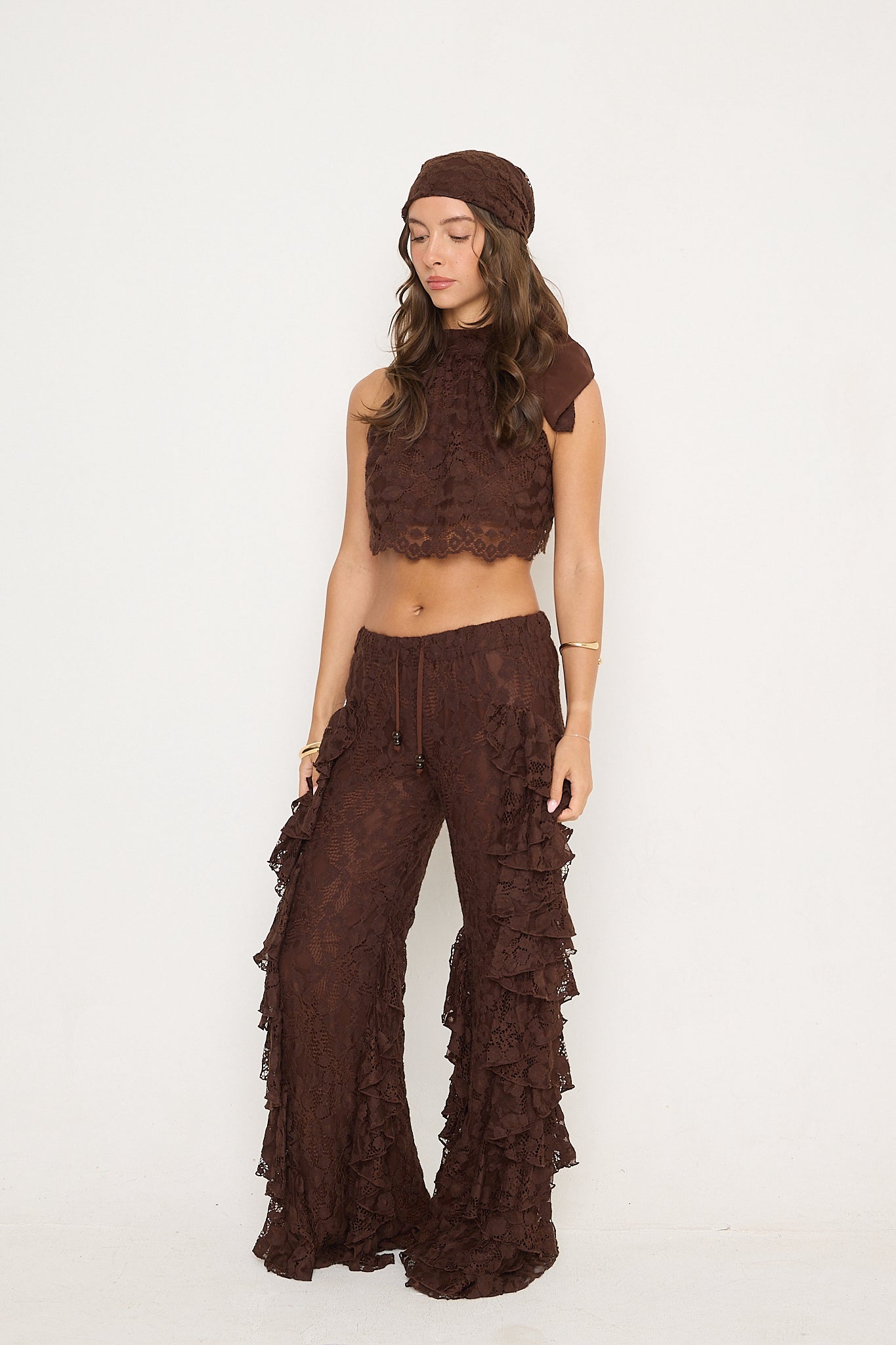 Sydney Lace Ruffle Trousers | Brown