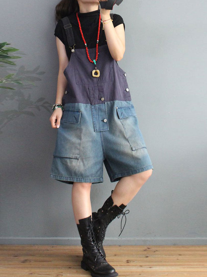 Cargo Pocket Short Dungaress - Color Block Knee-Length Fit